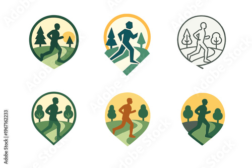 Jogging Icon Set. A person jogging in the park during the early morning, surrounded by nature. Icon set. Set Logo of a person jogging in the park during the