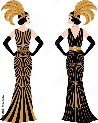 Art Deco evening gown fashion illustration, 1920s glamour, geometric black gold design, luxury couture vector artwork inspiration – flavector