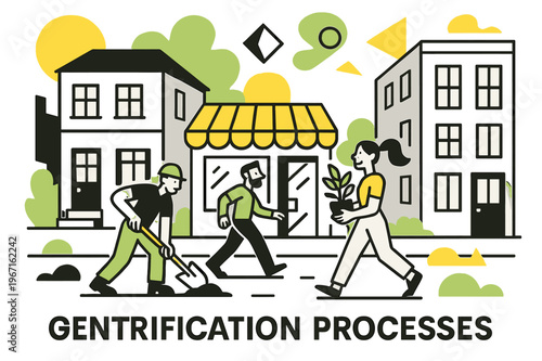 Urban Renewal Evolution. Gentrification Processes. Wide street view showing older buildings, new shops, and floating abstract geometric shapes, urban renewal