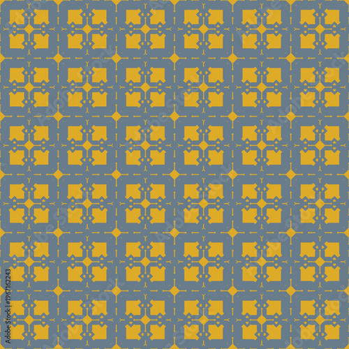 Seamless vector pattern featuring vibrant mustard gold geometric motifs on a professional slate gray background. Sophisticated symmetrical tile design for modern branding and interior decor