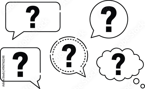 Set of question mark speech bubbles and thought cloud icons outline vector collection for FAQ help support communication concept minimal style