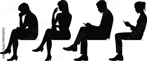 Silhouettes of seated people using smartphones and thinking in different poses isolated on white background for modern lifestyle concept illustration