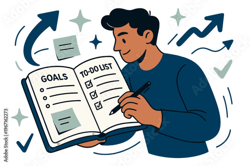 Planner Goals and Motivation. A person setting goals and writing a to-do list in a planner for self-improvement. Planner with open pages and sticky notes
