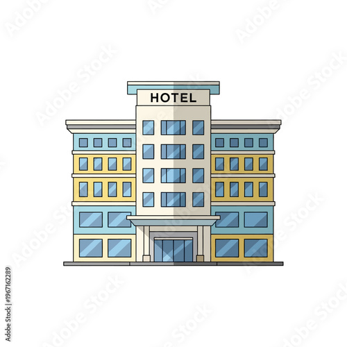 Modern Hotel Building Exterior with Blue and Yellow Facade and Large Windows