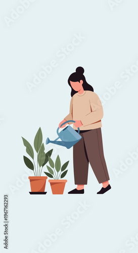 A flat illustration of a person watering two potted plants in an indoor setting