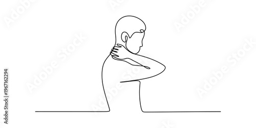 A continuous line drawing illustration of a man suffering from severe neck and shoulder pain. Vector, illustration