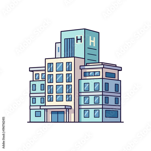 Modern hospital building, clinic architecture, medical healthcare facility, pixel art illustration