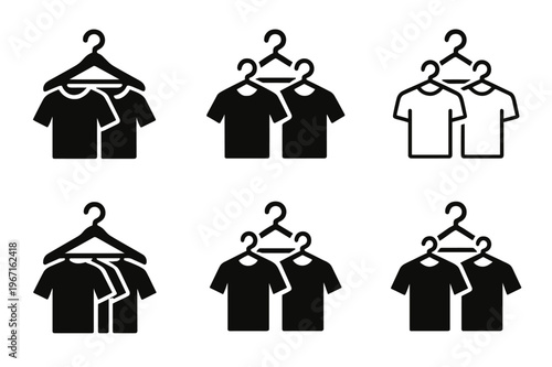 Hanger Logo Variations. Hanging clothes on matching hangers for uniformity. Icon set. Set Logo of Hanging clothes on matching hangers for uniformity: wooden