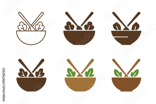 Salad Bowl Logos. Salad bowl. Icon set. Set Logo of salad bowl: wooden salad bowl with tongs. harmonious logo variations of the same emblematic concept, each