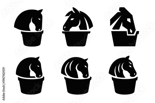 Horse Feed Bucket Logos. feed bucket. Icon set. Set Logo of feed bucket: horse head eating from bucket. harmonious logo variations of the same emblematic
