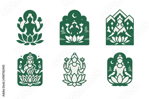 Ancient Deity Emblems. Ancient gods and goddesses in a mystical landscape. Set Logo of Ancient gods and goddesses in a mystical landscape: Lakshmi lotus. Icon