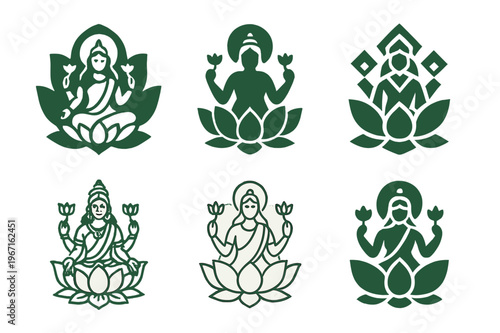 Ancient Deity Emblems. Ancient gods and goddesses in a mystical landscape. Set Logo of Ancient gods and goddesses in a mystical landscape: Lakshmi lotus. Icon
