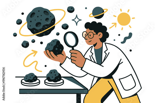 Asteroid Research Scene. Asteroid belt studies. Scientist in lab analyzing asteroid samples with abstract floating celestial icons and orbit lines; conveys