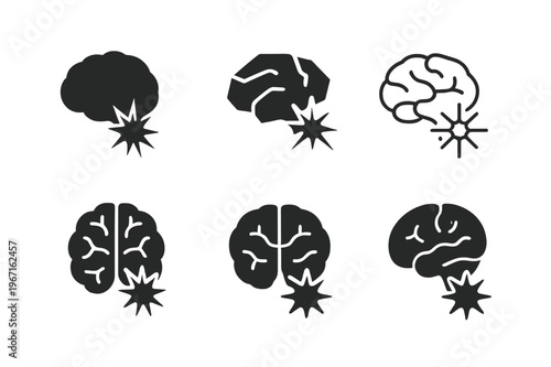 Brain-Illness Connection Icons. The connection between the brain and chronic illness. Icon set. Set Logo of The connection between the brain and chronic