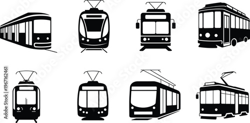 Tram and trolleybus silhouettes in different views isolated on white background for public transport, urban mobility and city design concepts