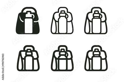 Lunch Logo Variations. Preparing school lunch. Icon set. Set Logo of preparing school lunch: insulated water bottle. harmonious logo variations of the same