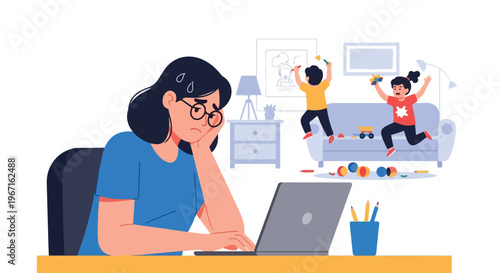 Stressed woman working on laptop while children play noisily in the background