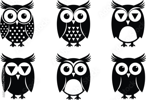 Stylized owl silhouettes with unique patterns, abstract vector illustration, creative bird artwork, animal design concept, decorative wildlife scene, artistic nocturnal figure, modern nature artwork