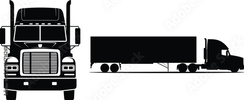 Truck silhouettes with front and side view of cargo trailer isolated on white background for transport, logistics and delivery design concepts