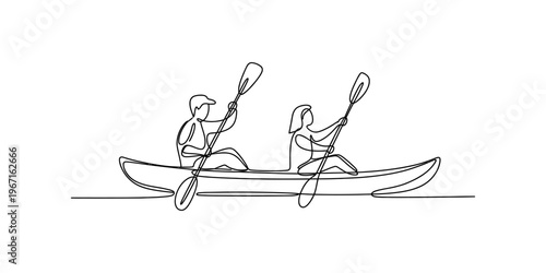 A minimalist single continuous line drawing of a couple kayaking together on the calm water Vector, illustration