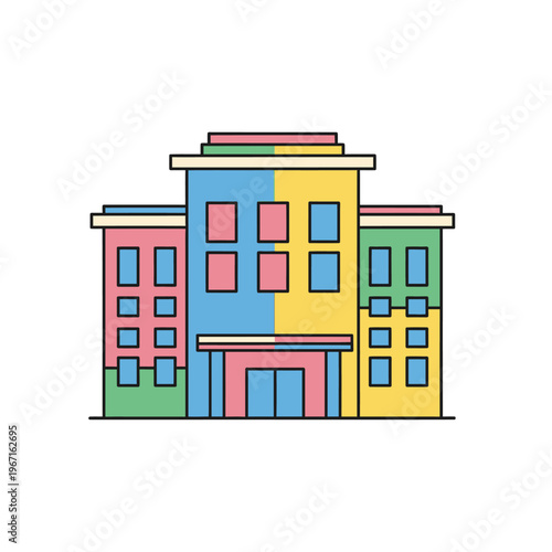 Colorful modern building illustration, flat design, pastel colors, architectural concept