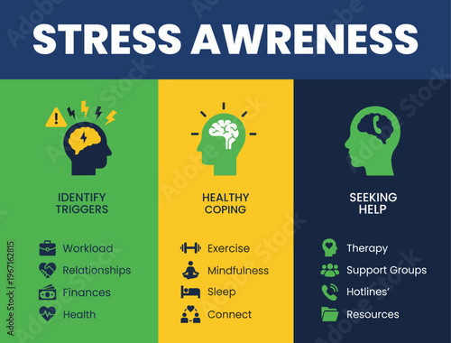 Stress Awareness Infographic Identify Triggers Healthy Coping Seeking Help Colorful Sections Vector Illustration 