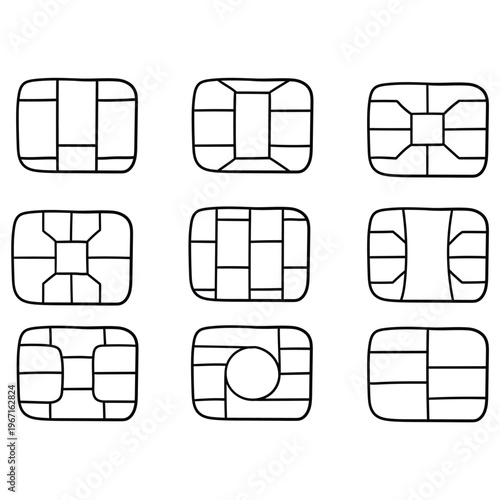 Hand-drawn doodle set of EMV chips on a white background.