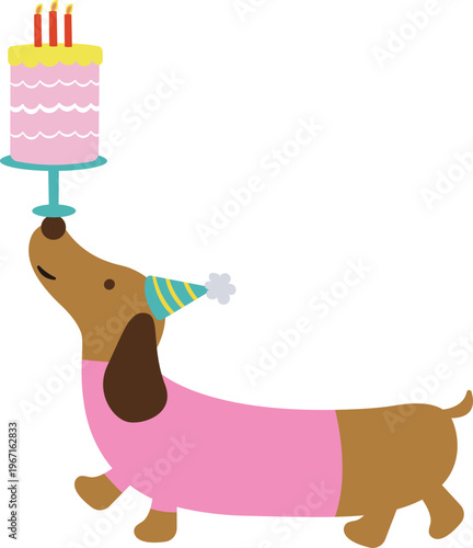 Cute dachshund dog balancing a birthday cake on nose. Flat vector illustration of a wiener dog wearing a party hat with a cake