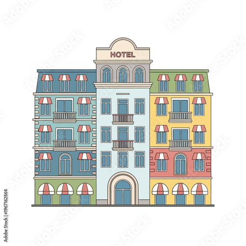 Colorful hotel building with awnings, balconies, and mansard roofs, isolated on white