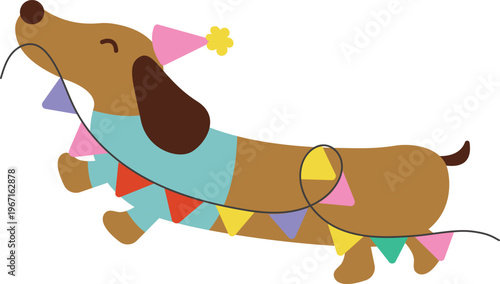 Happy dachshund jumping with colorful party bunting. Flat vector illustration of a cute wiener dog tangled in celebration flags
