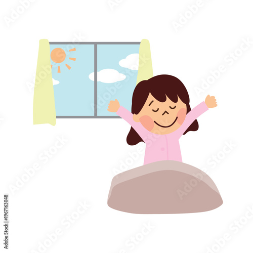 朝に目覚めて伸びをする女性