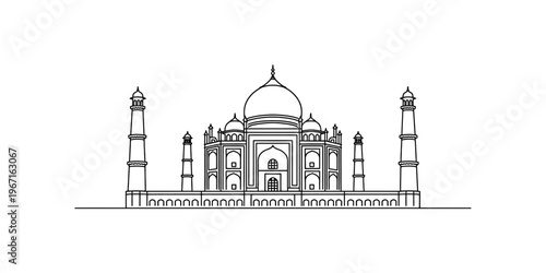 A simple black and white line drawing of the iconic taj mahal mausoleum on a plain white background Vector, illustration