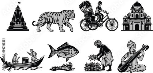 Indian culture icons collection with temple Taj Mahal tiger rickshaw boat fish farmer sitar architecture wildlife tradition lifestyle vector illustration design