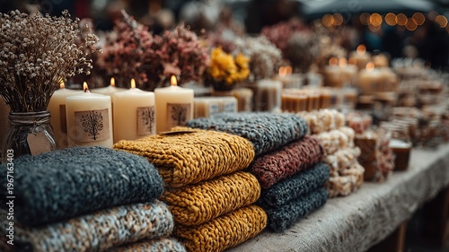 Cozy Market Display of Handcrafted Candles and Knitted Textiles
