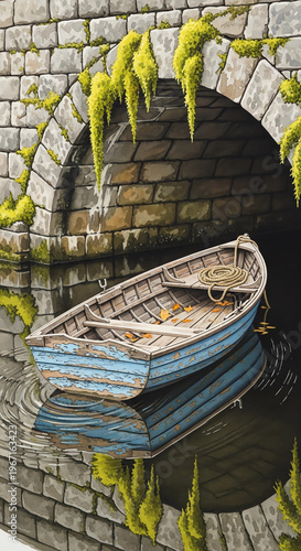 Wooden paddle boat drifting under stone bridge arch with moss  
