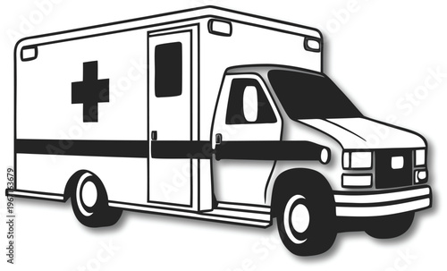 A stark black silhouette of an ambulance vehicle featuring a prominent star of life symbol silhouette high quality