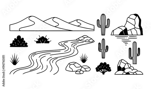 Desert river elements black and white vector set with dunes water cacti and rocks in minimal outline icon style