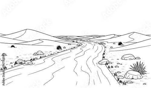Desert river landscape black and white line art vector with dunes and flowing water in clean minimal outline style