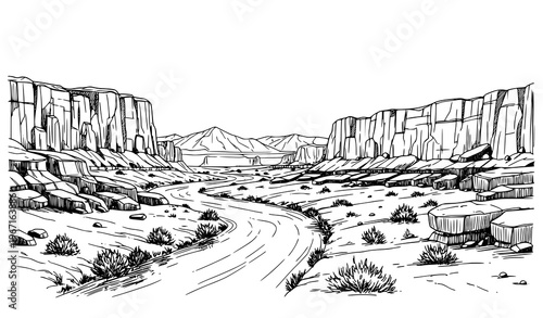 Desert river winding landscape sketch vector in black and white with cliffs mountains and flowing river in hand drawn style
