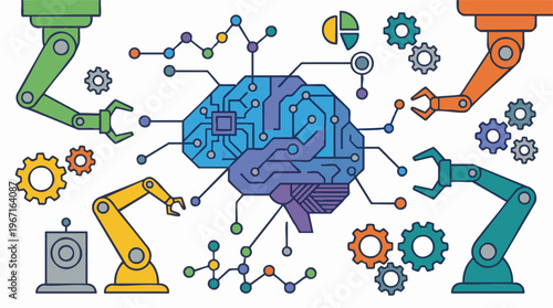 Artificial Intelligence and Robotics Concept with Brain Circuit and Robotic Arms