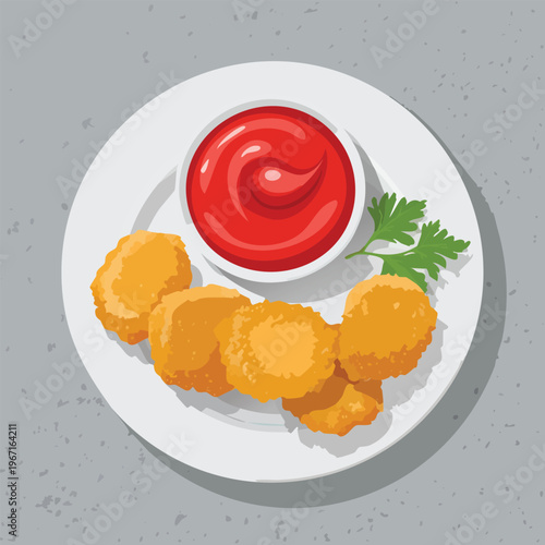 Golden fried chicken nuggets with red tomato sauce on white plate