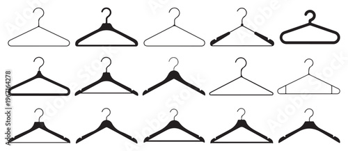 Clothes hanger icon set with solid and outline silhouettes. vector illustration eps 10