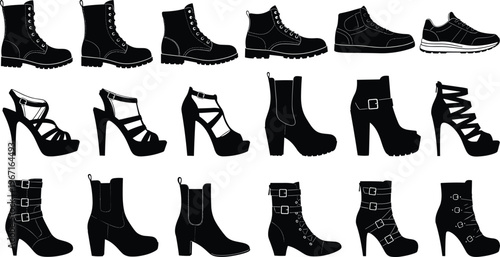 Collection of footwear silhouettes, diverse shoe designs including boots, heels, sandals, sneakers, lace‑up styles illustration – flavector