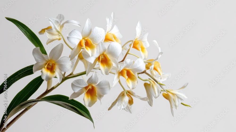 Obraz premium Beautiful White Orchid with Yellow Accents Against Neutral Background