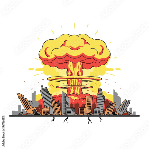 Nuclear Explosion Devastates City Skyline, Buildings in Ruins