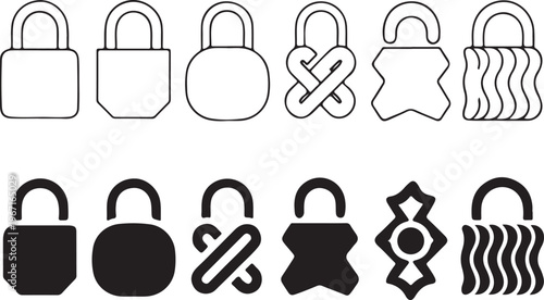 Security padlock icons set with various shapes vector on transparent checkered background.