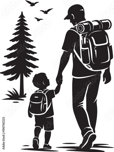 Father and small son with backpacks walking together on nature trail holding hands illustration