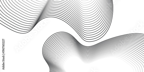 Abstract line art with multiple thin black contour lines, forming smooth wave-like topographic patterns, dynamic wave flow, minimal composition
