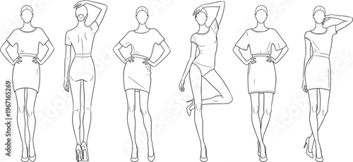Collection of six fashion figure sketches, stylized mannequin outlines in dynamic poses for clothing design illustration reference – flavector
