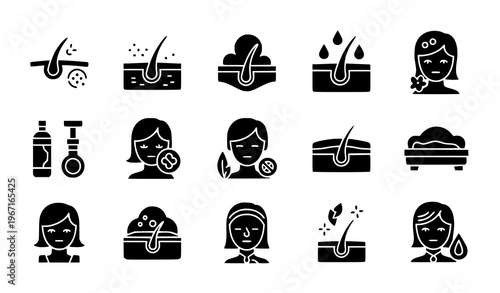 Dermatology beauty therapy glyph icon set hair follicle treatment hair loss growth transplant vector isolated on white background